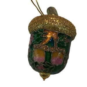 Cloisonné Christmas Ornament 2.75" Fall Leaves Acorn Green Gold Pink